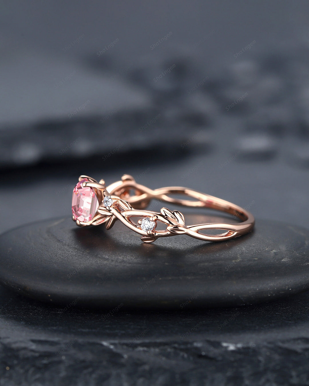 Vintage Hexagon Cut Pink Sapphire and Diamond Engagement Ring, Unique 14K 18K Rose Gold Promise Ring Twig Branch Wedding Ring Gift for Women - ShainJewelry