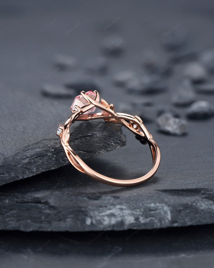 Vintage Hexagon Cut Pink Sapphire and Diamond Engagement Ring, Unique 14K 18K Rose Gold Promise Ring Twig Branch Wedding Ring Gift for Women - ShainJewelry