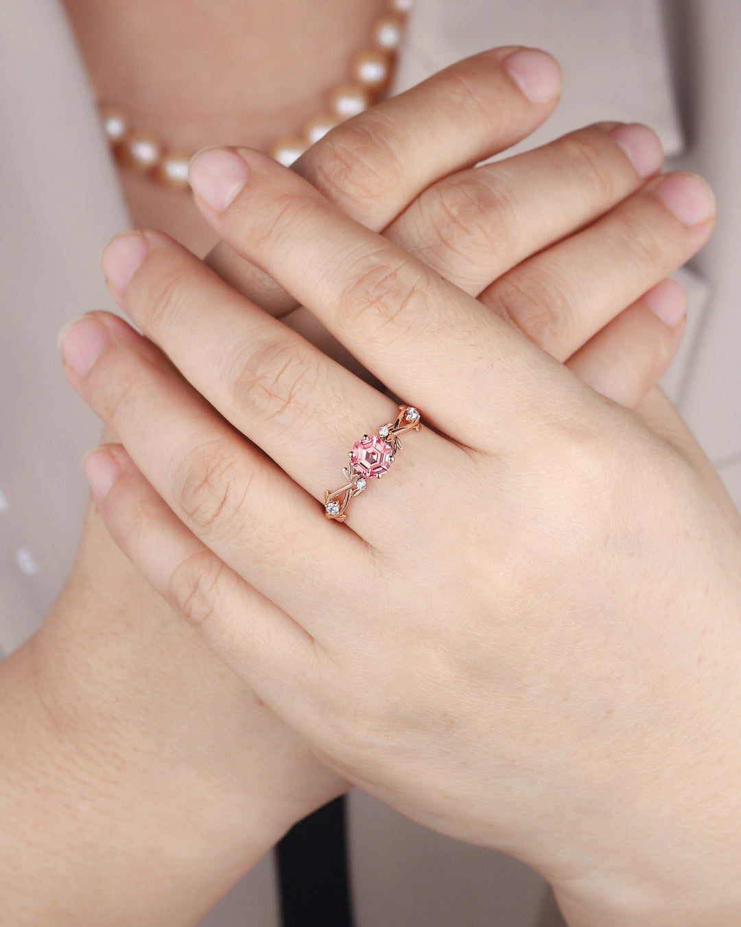 Vintage Hexagon Cut Pink Sapphire and Diamond Engagement Ring, Unique 14K 18K Rose Gold Promise Ring Twig Branch Wedding Ring Gift for Women - ShainJewelry