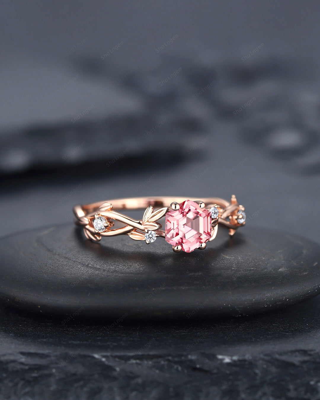 Vintage Hexagon Cut Pink Sapphire and Diamond Engagement Ring, Unique 14K 18K Rose Gold Promise Ring Twig Branch Wedding Ring Gift for Women