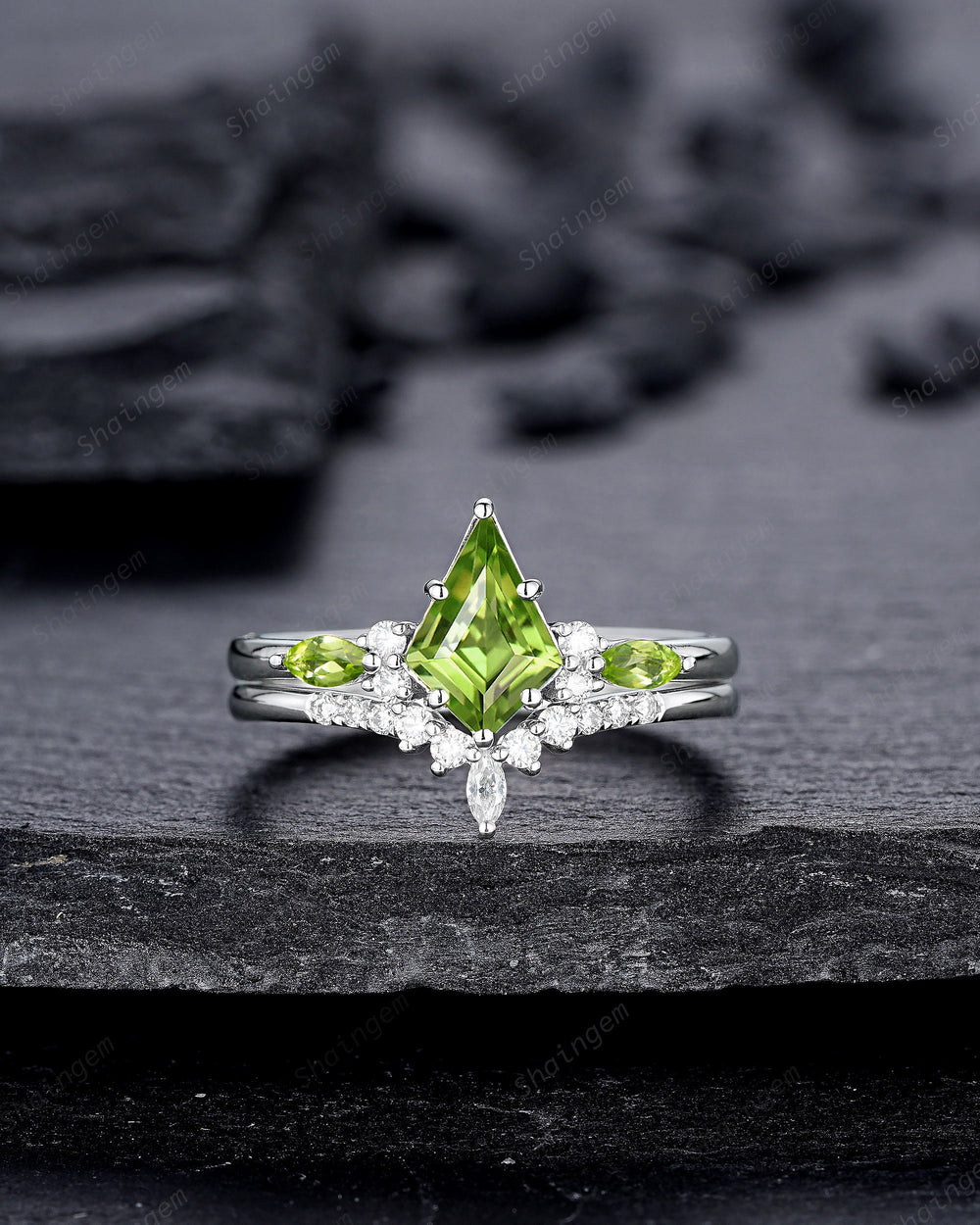 Platinum Kite Shape Natural Peridot Engagement Ring Set, Unique 14K White Gold Promise Ring, Silver Wedding Ring Set Bridal Set for Women - ShainJewelry