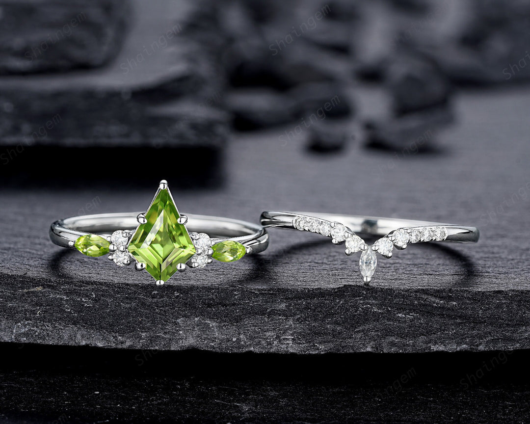 Platinum Kite Shape Natural Peridot Engagement Ring Set, Unique 14K White Gold Promise Ring, Silver Wedding Ring Set Bridal Set for Women - ShainJewelry