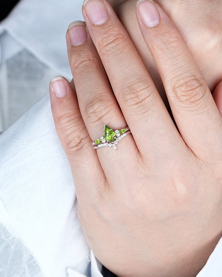 Platinum Kite Shape Natural Peridot Engagement Ring Set, Unique 14K White Gold Promise Ring, Silver Wedding Ring Set Bridal Set for Women - ShainJewelry