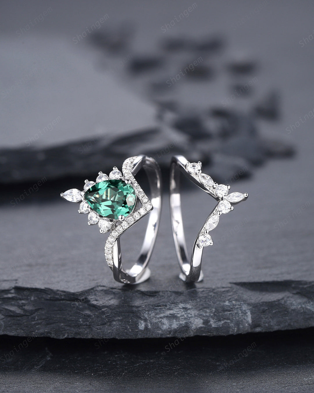 Platinum Pear Shape Teal Sapphire and Diamond Engagement Ring Set, Unique White Gold Halo Wedding Ring Bridal Set, V Shape Promise Ring Gift - ShainJewelry