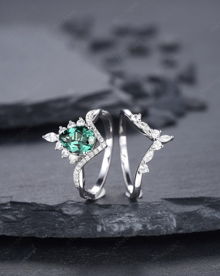 Platinum Pear Shape Teal Sapphire and Diamond Engagement Ring Set, Unique White Gold Halo Wedding Ring Bridal Set, V Shape Promise Ring Gift - ShainJewelry