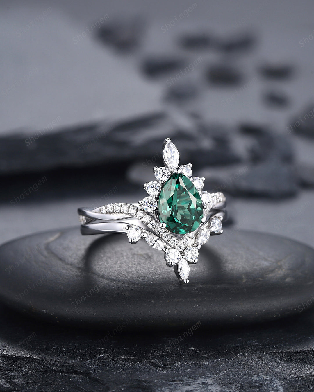 Platinum Pear Shape Teal Sapphire and Diamond Engagement Ring Set, Unique White Gold Halo Wedding Ring Bridal Set, V Shape Promise Ring Gift - ShainJewelry