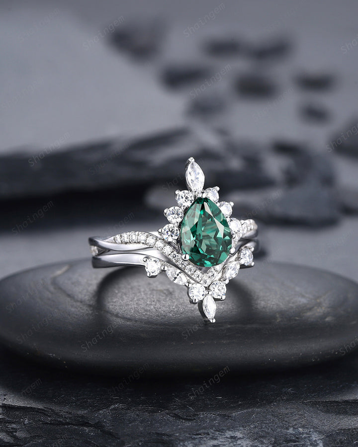 Platinum Pear Shape Teal Sapphire and Diamond Engagement Ring Set, Unique White Gold Halo Wedding Ring Bridal Set, V Shape Promise Ring Gift - ShainJewelry