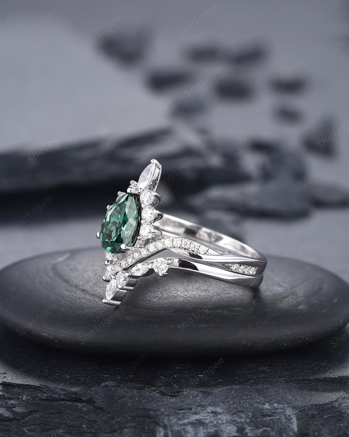 Platinum Pear Shape Teal Sapphire and Diamond Engagement Ring Set, Unique White Gold Halo Wedding Ring Bridal Set, V Shape Promise Ring Gift - ShainJewelry