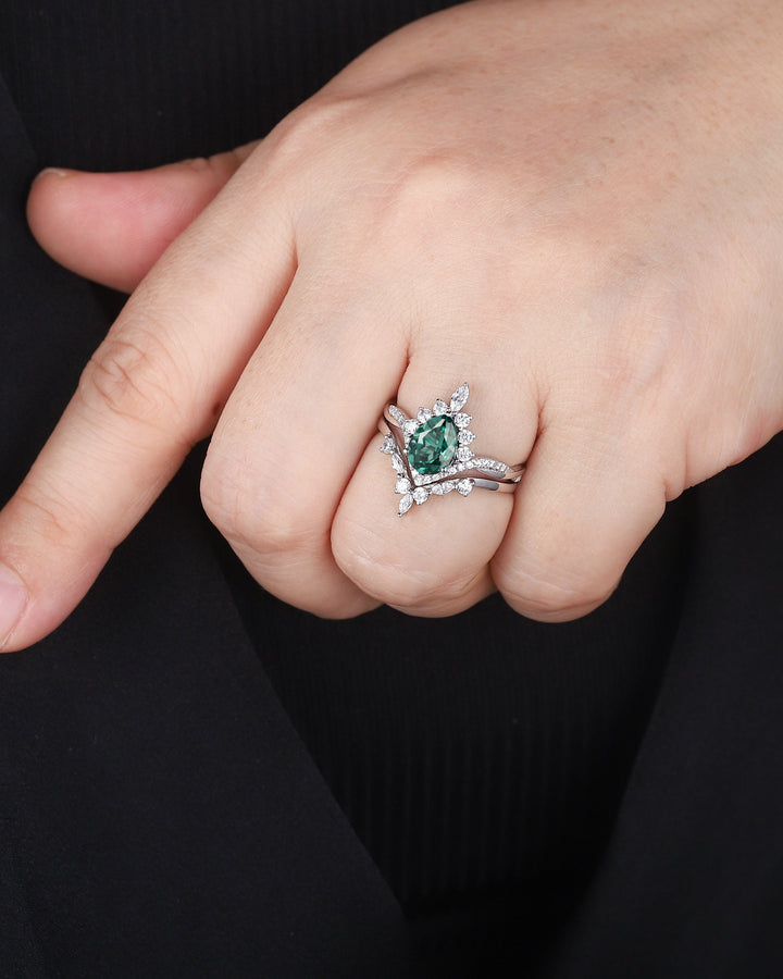 Platinum Pear Shape Teal Sapphire and Diamond Engagement Ring Set, Unique White Gold Halo Wedding Ring Bridal Set, V Shape Promise Ring Gift - ShainJewelry