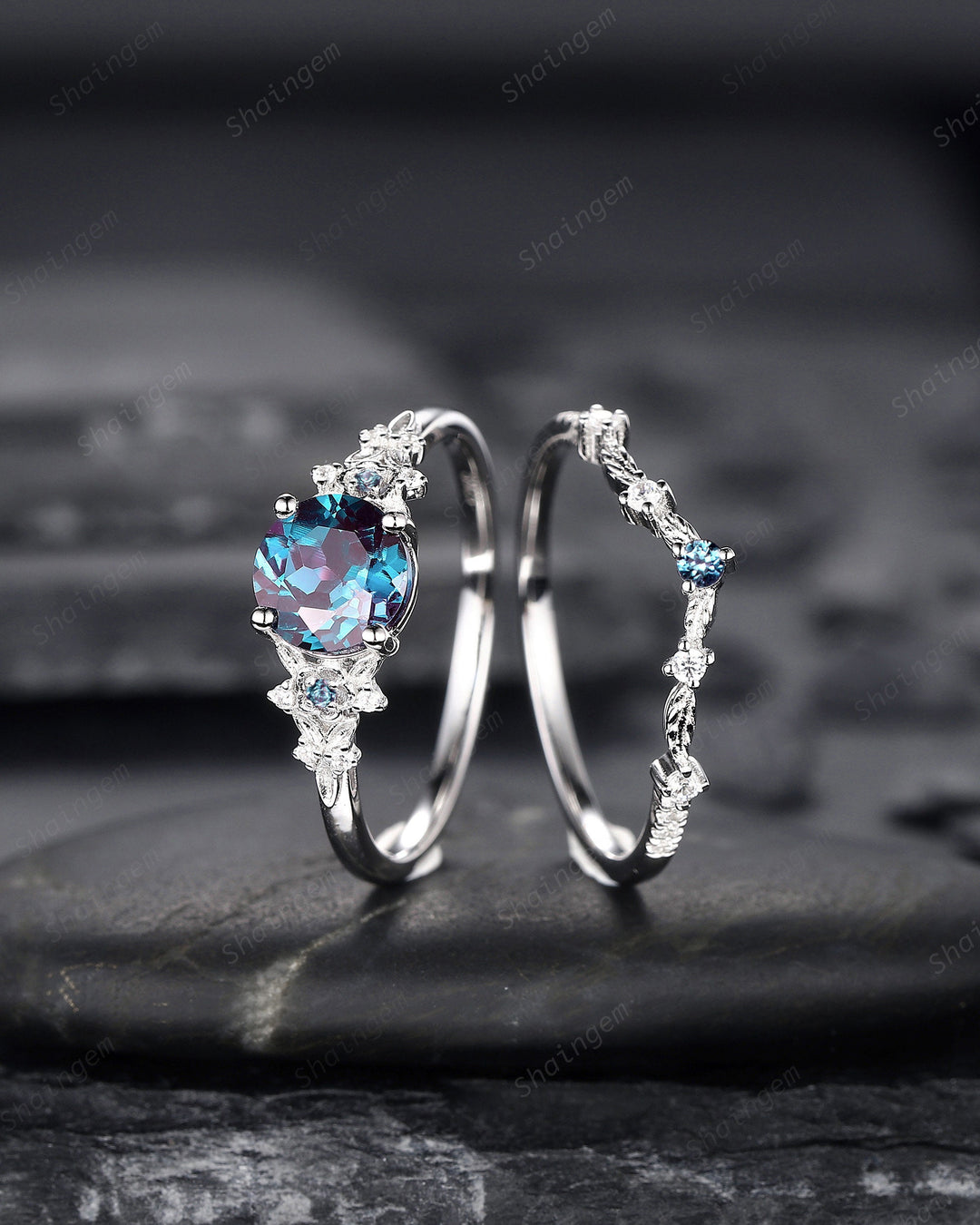 Platinum Round Shape Alexandrite Engagement Ring Set, White Gold Floral Alexandrite Promise Ring, Nature Inspired Bridal Set Gift For Women - ShainJewelry