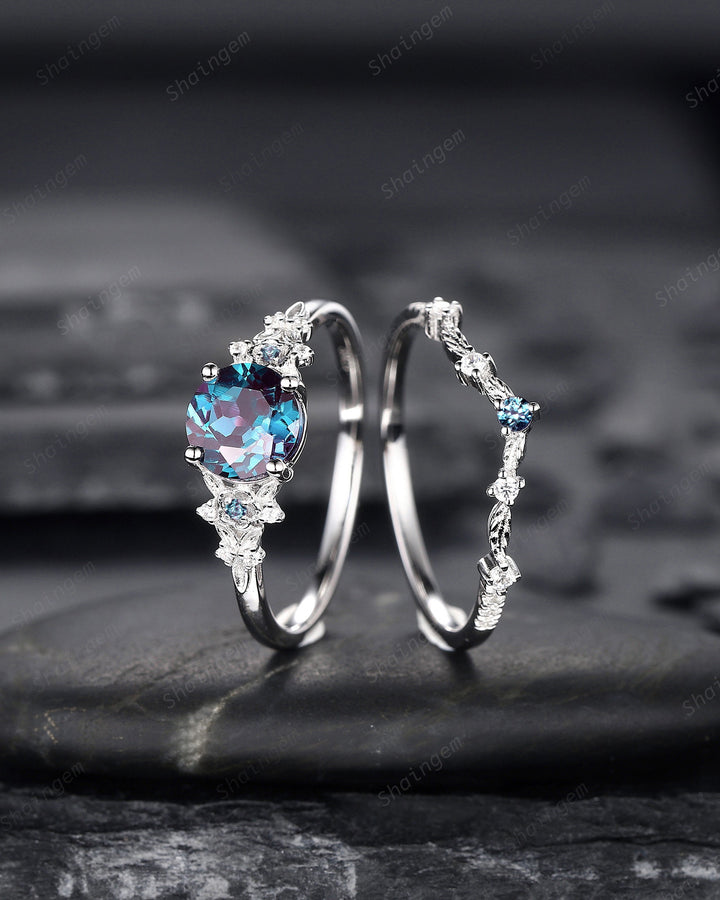 Platinum Round Shape Alexandrite Engagement Ring Set, White Gold Floral Alexandrite Promise Ring, Nature Inspired Bridal Set Gift For Women - ShainJewelry