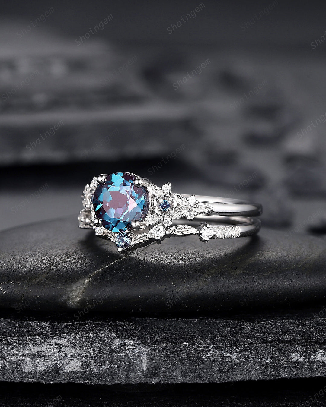 Platinum Round Shape Alexandrite Engagement Ring Set, White Gold Floral Alexandrite Promise Ring, Nature Inspired Bridal Set Gift For Women - ShainJewelry