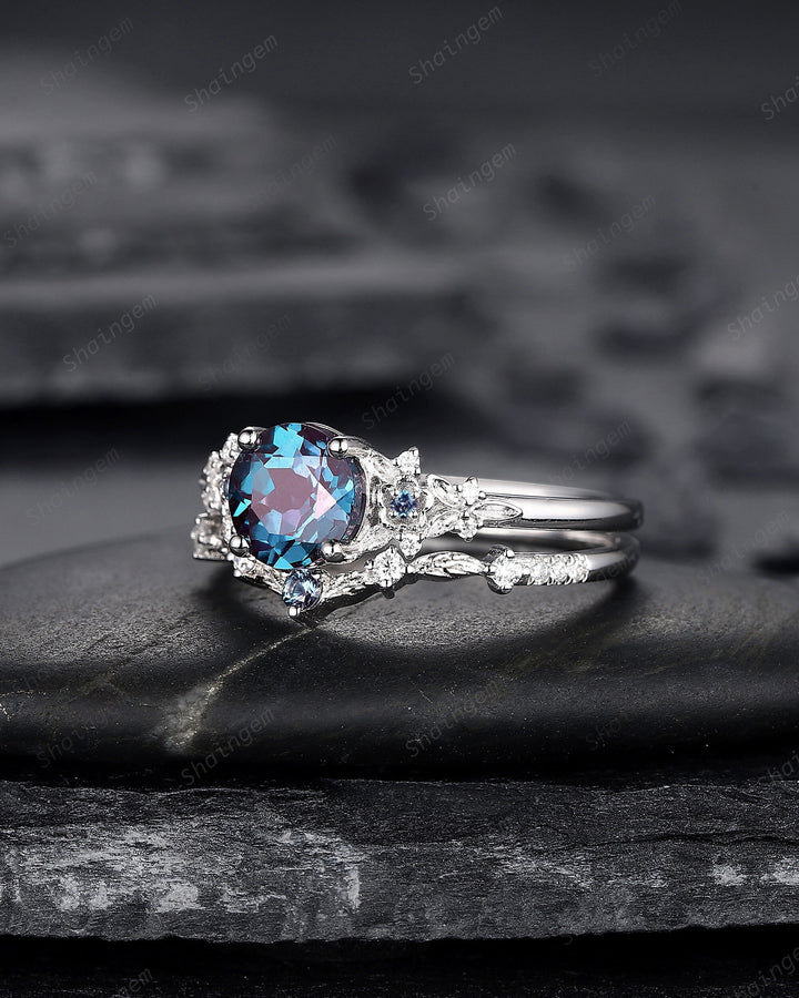Platinum Round Shape Alexandrite Engagement Ring Set, White Gold Floral Alexandrite Promise Ring, Nature Inspired Bridal Set Gift For Women - ShainJewelry