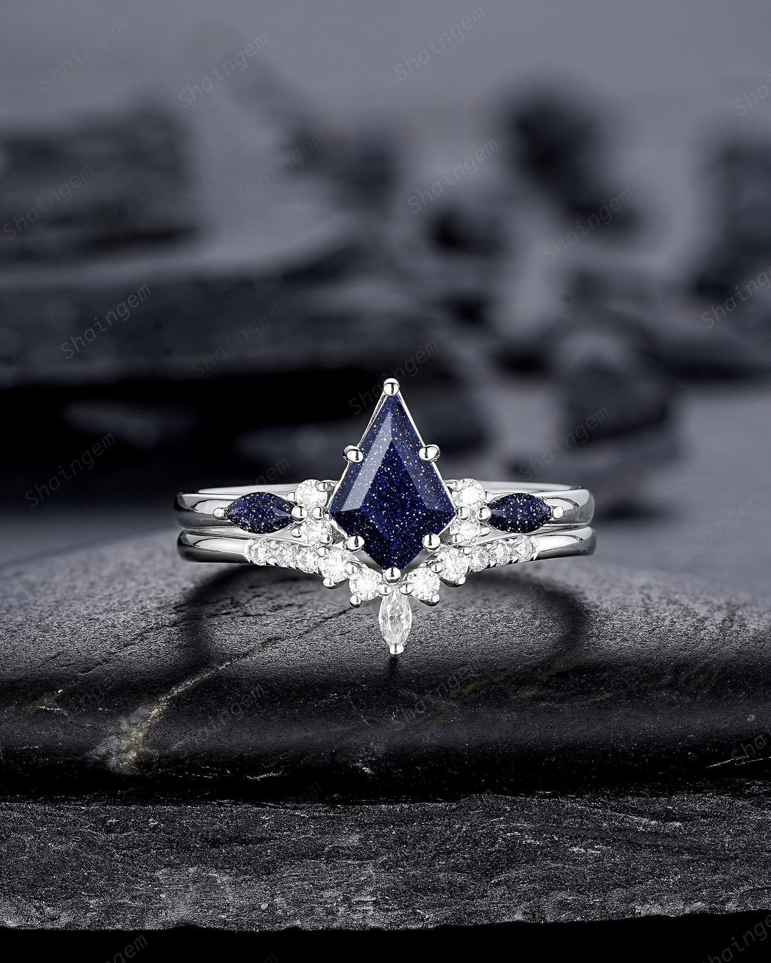 Platinum Kite Cut Blue Sandstone Engagement Ring Set, Vintage 14K White Gold Promise Ring Set, Starry Blue Stone Bridal Set Wedding Ring - ShainJewelry