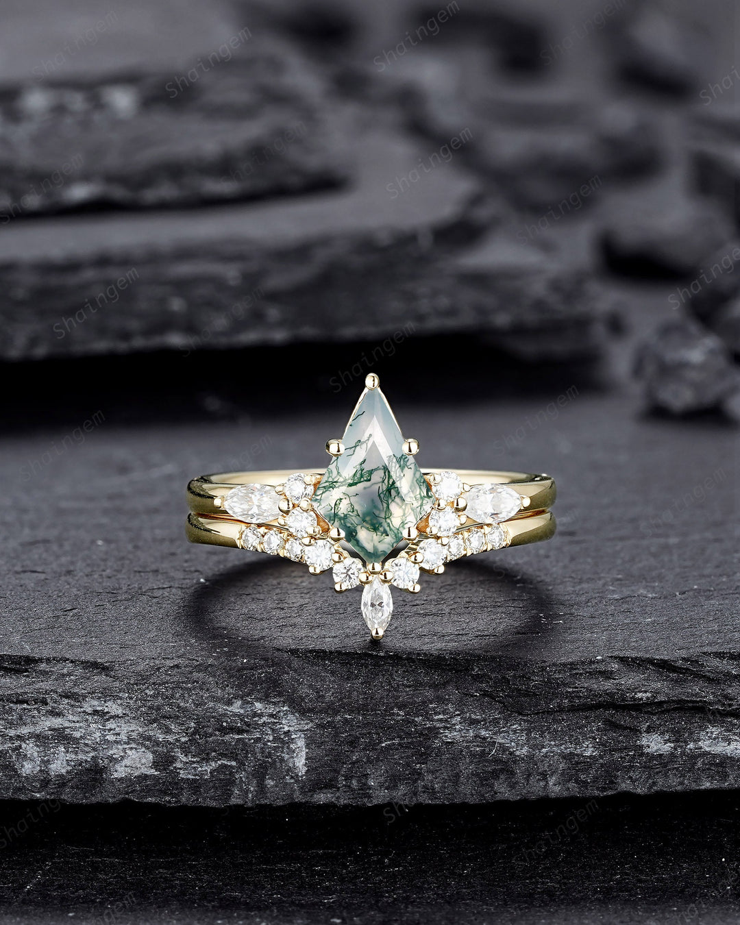 Vintage Kite Shape Moss Agate and Diamond Engagement Ring Set, 14K Yellow Gold Promise Ring, Wedding Ring Gift Bridal Set for Women - ShainJewelry