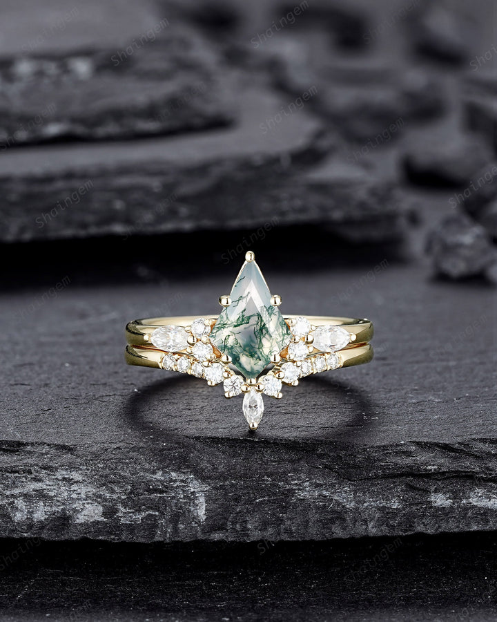 Vintage Kite Shape Moss Agate and Diamond Engagement Ring Set, 14K Yellow Gold Promise Ring, Wedding Ring Gift Bridal Set for Women - ShainJewelry