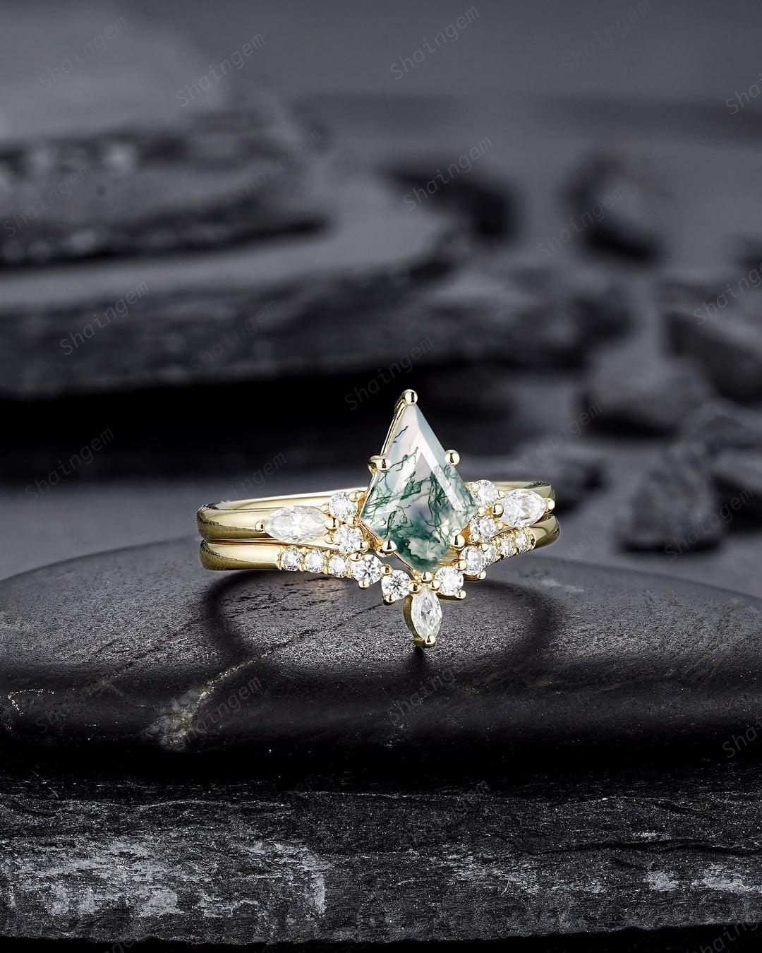 Vintage Kite Shape Moss Agate and Diamond Engagement Ring Set, 14K Yellow Gold Promise Ring, Wedding Ring Gift Bridal Set for Women - ShainJewelry