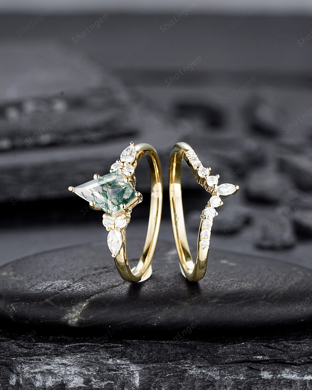 Vintage Kite Shape Moss Agate and Diamond Engagement Ring Set, 14K Yellow Gold Promise Ring, Wedding Ring Gift Bridal Set for Women - ShainJewelry