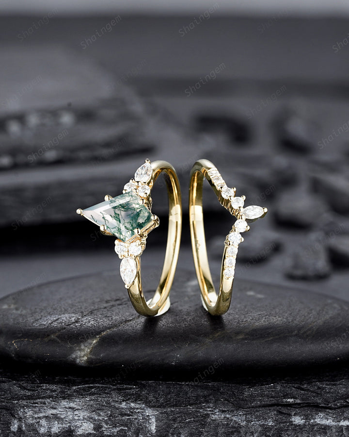 Vintage Kite Shape Moss Agate and Diamond Engagement Ring Set, 14K Yellow Gold Promise Ring, Wedding Ring Gift Bridal Set for Women - ShainJewelry