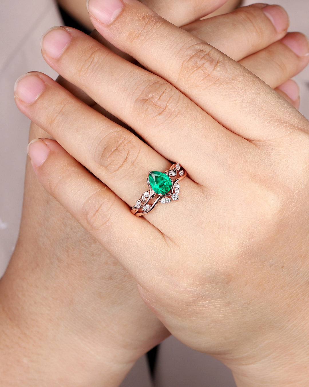 Pear Shape Emerald Engagement Ring Set, Unique 14K Rose Gold Twig Branch Wedding Ring Bridal Set, May Birthstone Promise Ring Gift for Women - ShainJewelry
