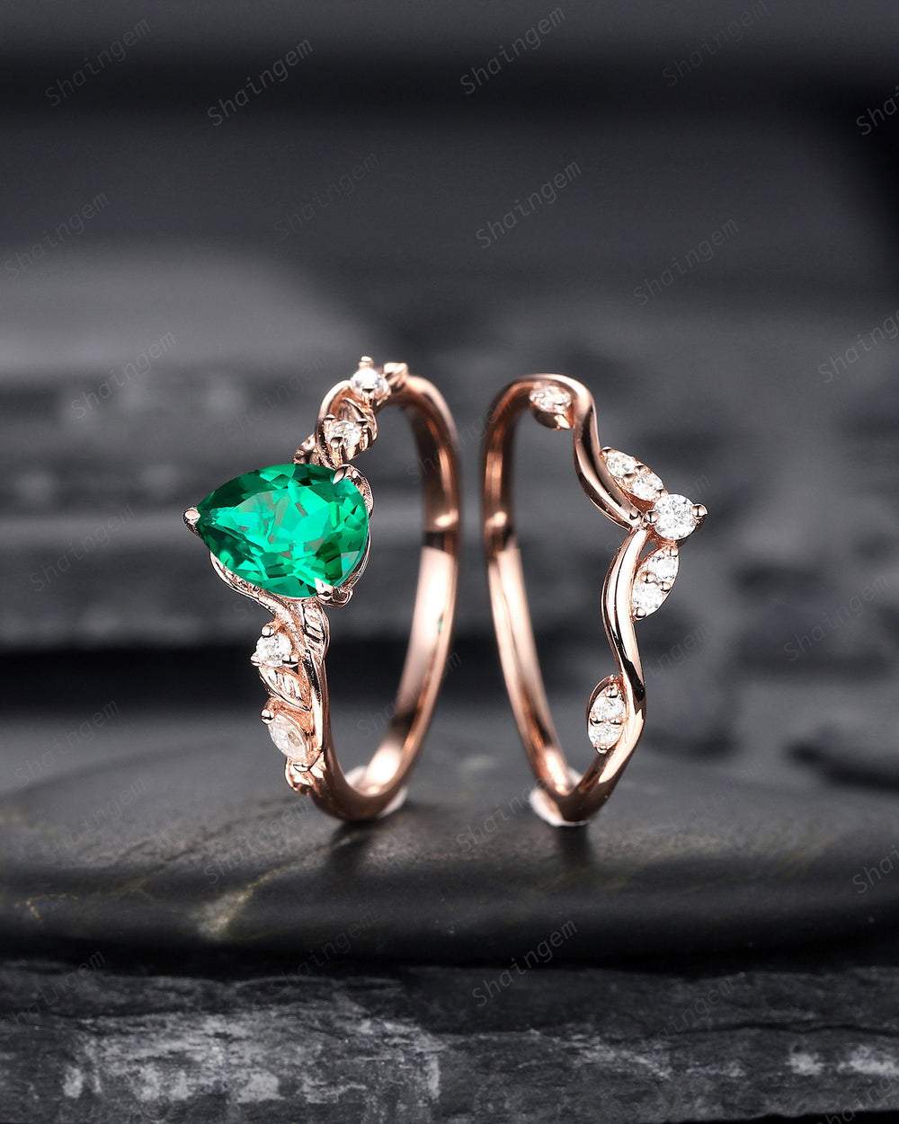 Pear Shape Emerald Engagement Ring Set, Unique 14K Rose Gold Twig Branch Wedding Ring Bridal Set, May Birthstone Promise Ring Gift for Women - ShainJewelry