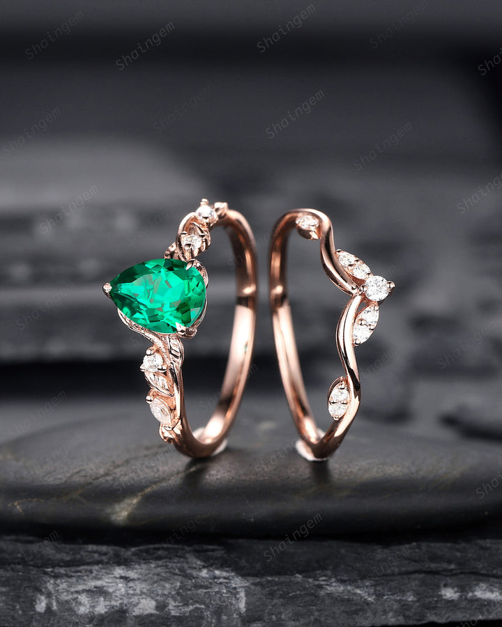 Pear Shape Emerald Engagement Ring Set, Unique 14K Rose Gold Twig Branch Wedding Ring Bridal Set, May Birthstone Promise Ring Gift for Women - ShainJewelry