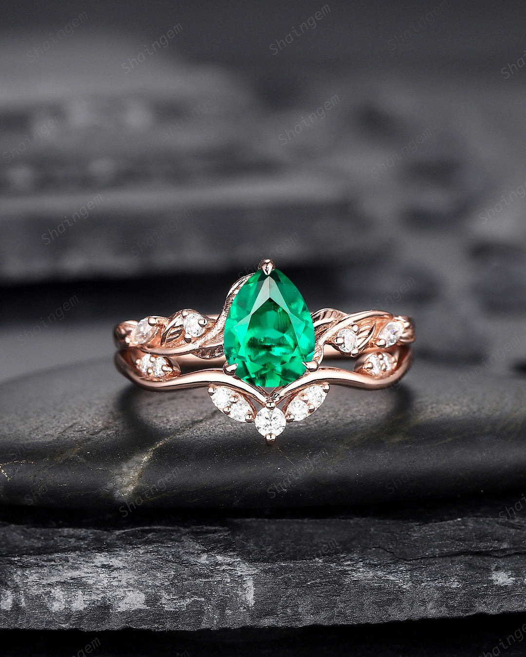 Pear Shape Emerald Engagement Ring Set, Unique 14K Rose Gold Twig Branch Wedding Ring Bridal Set, May Birthstone Promise Ring Gift for Women - ShainJewelry