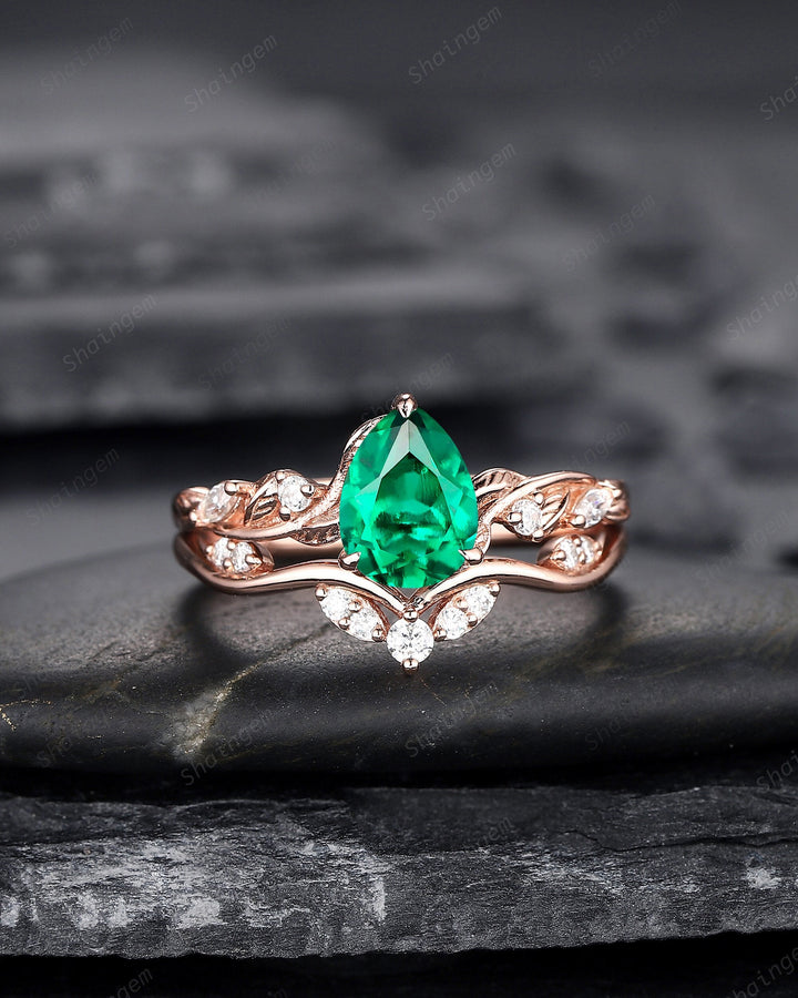 Pear Shape Emerald Engagement Ring Set, Unique 14K Rose Gold Twig Branch Wedding Ring Bridal Set, May Birthstone Promise Ring Gift for Women - ShainJewelry