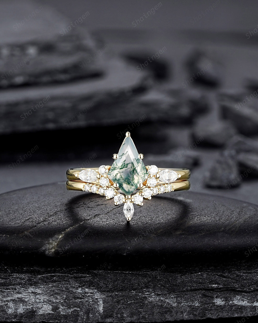 Vintage Kite Shape Moss Agate and Diamond Engagement Ring Set, 14K Yellow Gold Promise Ring, Wedding Ring Gift Bridal Set for Women - ShainJewelry