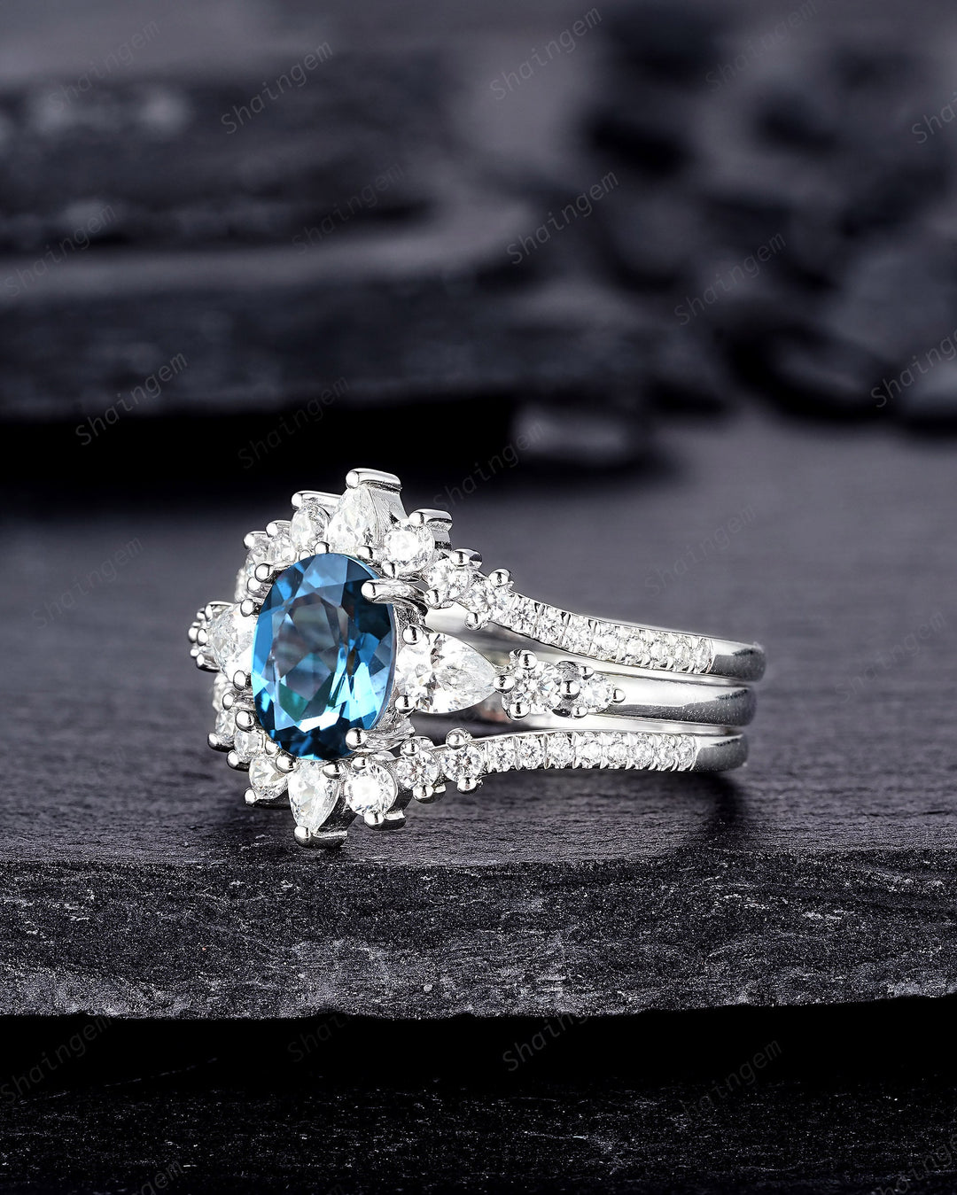 3PCS Oval Shape London Blue Topaz Engagement Ring Set, Vintage 14K 18K White Gold Halo Wedding Ring Set, Platinum Bridal Set Promise Ring - ShainJewelry