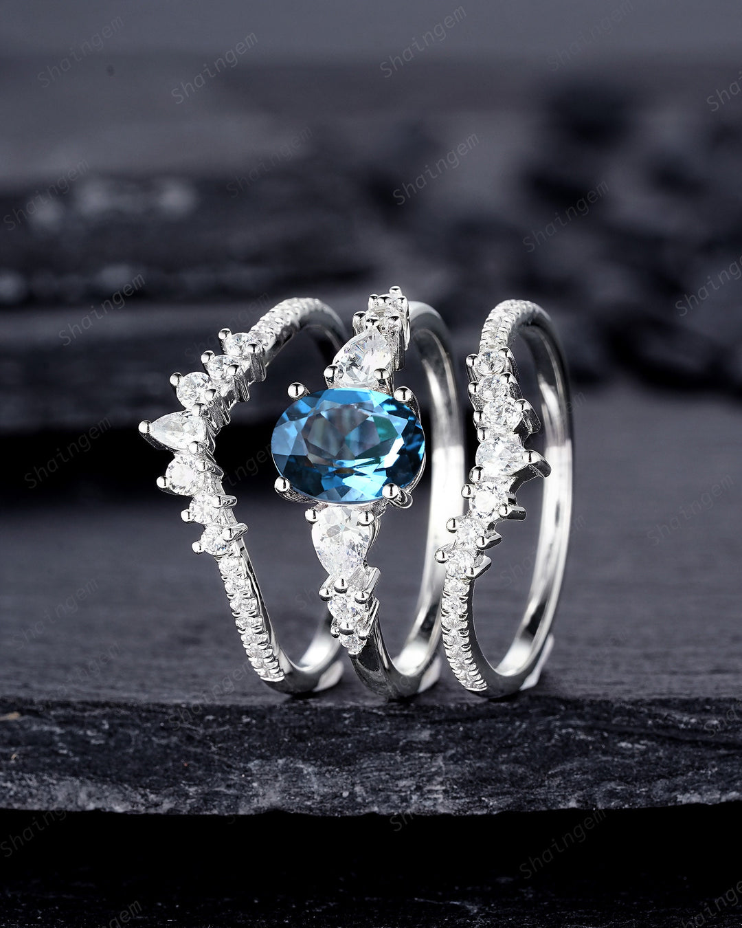 3PCS Oval Shape London Blue Topaz Engagement Ring Set, Vintage 14K 18K White Gold Halo Wedding Ring Set, Platinum Bridal Set Promise Ring - ShainJewelry