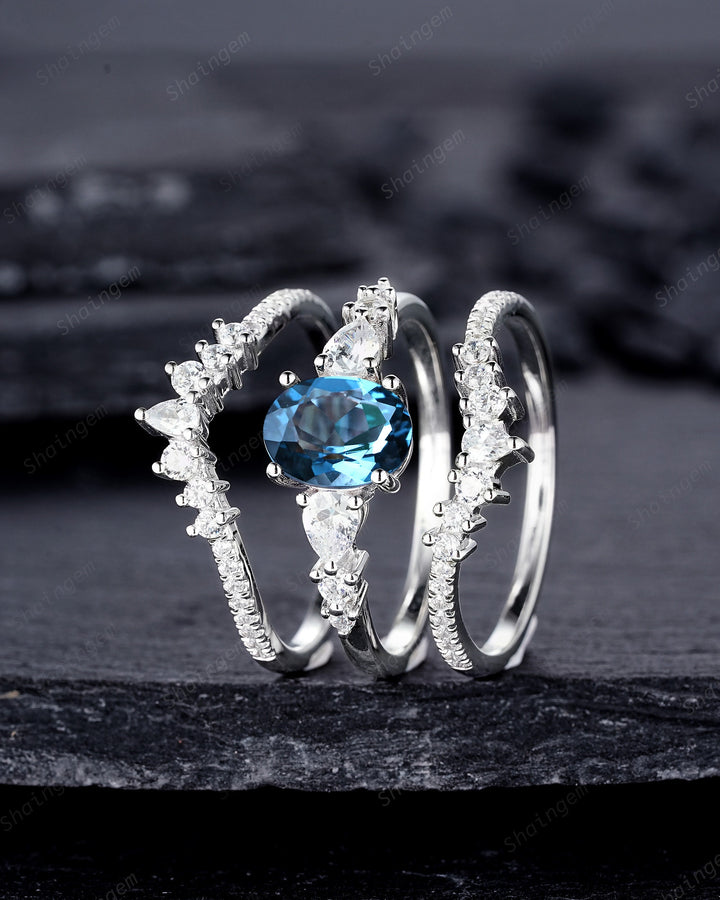 3PCS Oval Shape London Blue Topaz Engagement Ring Set, Vintage 14K 18K White Gold Halo Wedding Ring Set, Platinum Bridal Set Promise Ring - ShainJewelry