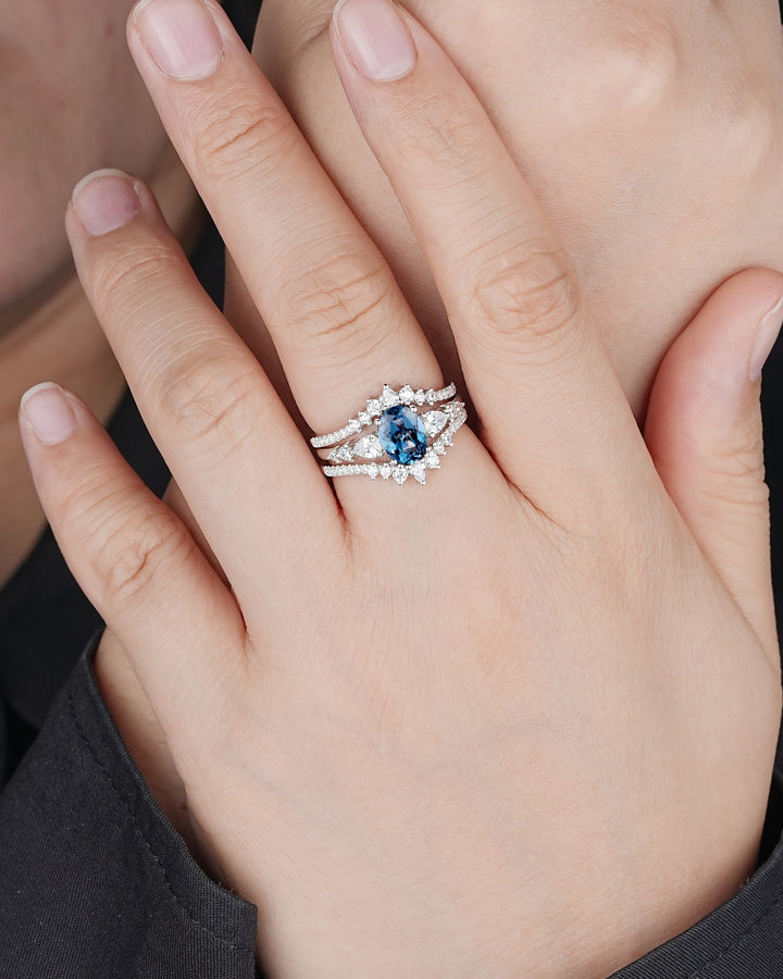 3PCS Oval Shape London Blue Topaz Engagement Ring Set, Vintage 14K 18K White Gold Halo Wedding Ring Set, Platinum Bridal Set Promise Ring - ShainJewelry