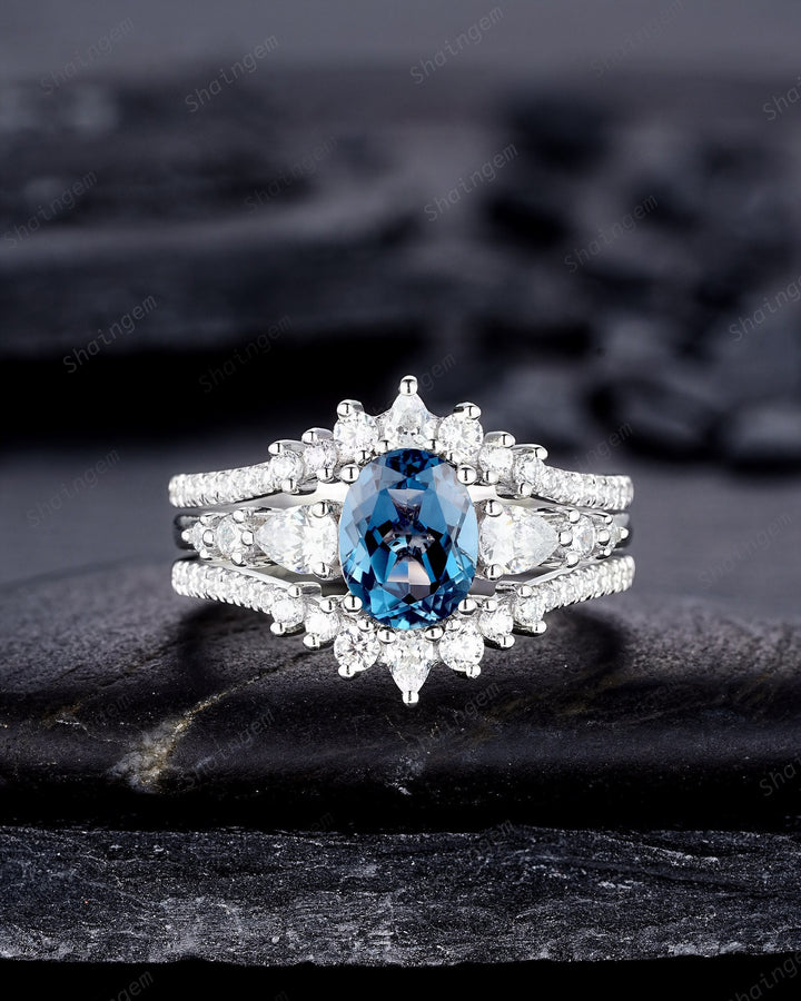 3PCS Oval Shape London Blue Topaz Engagement Ring Set, Vintage 14K 18K White Gold Halo Wedding Ring Set, Platinum Bridal Set Promise Ring - ShainJewelry