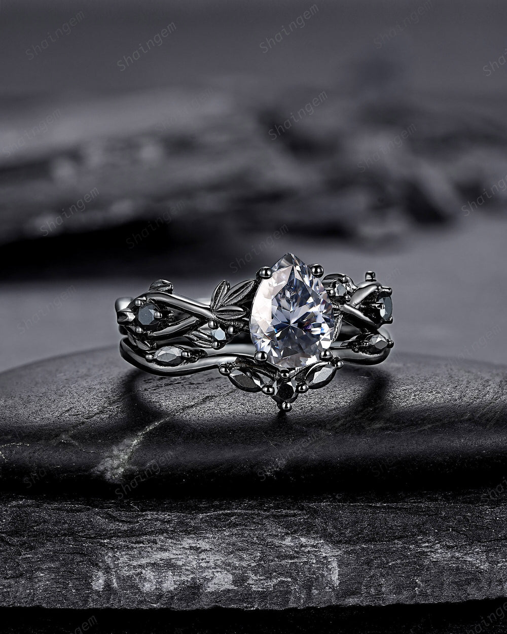 Rhodium Black Pear Cut Gray Moissanite Engagement Ring Set, Black Gold Leaf Promise Ring, Gothic Twig Branch Wedding Ring Gift for Women - ShainJewelry