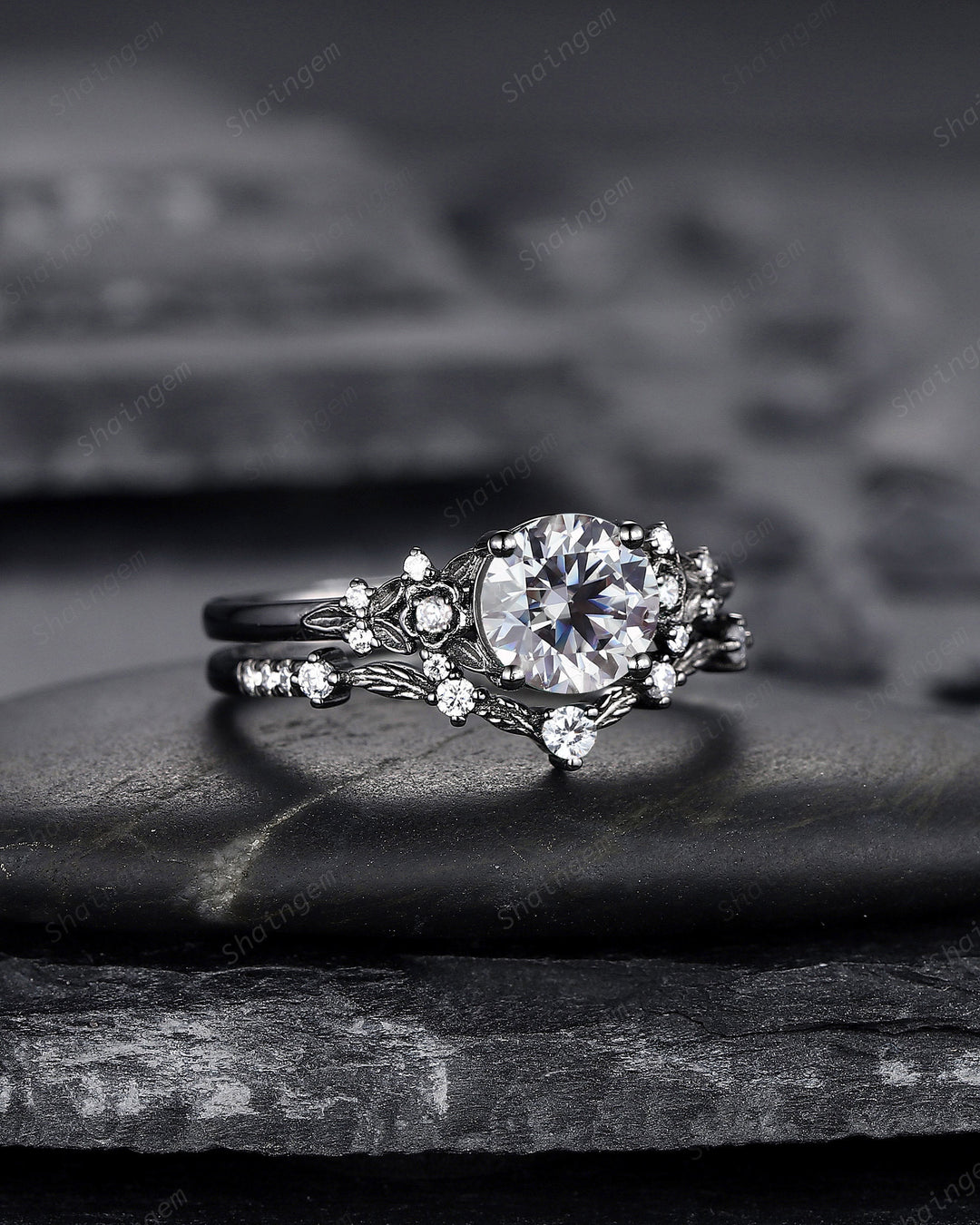 Gothic Black Gray Moissanite Engagement Ring Set, Black Gold Grey Moissaite Promise Ring, Rhodium Black Bridal Set Black Floral Wedding Ring - ShainJewelry