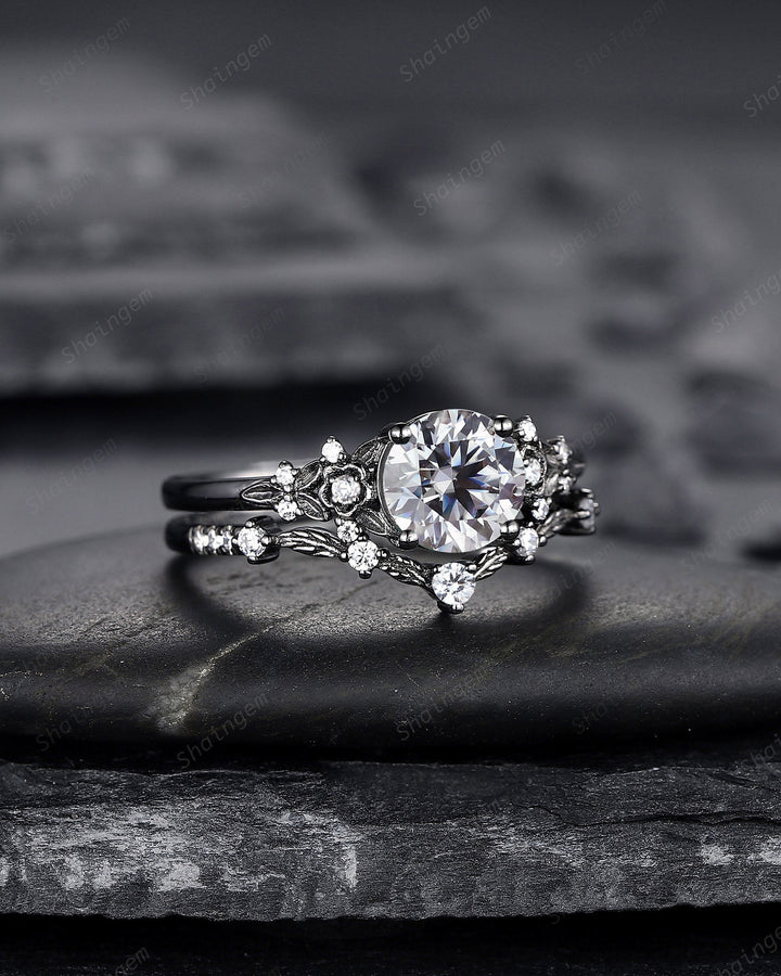 Gothic Black Gray Moissanite Engagement Ring Set, Black Gold Grey Moissaite Promise Ring, Rhodium Black Bridal Set Black Floral Wedding Ring - ShainJewelry