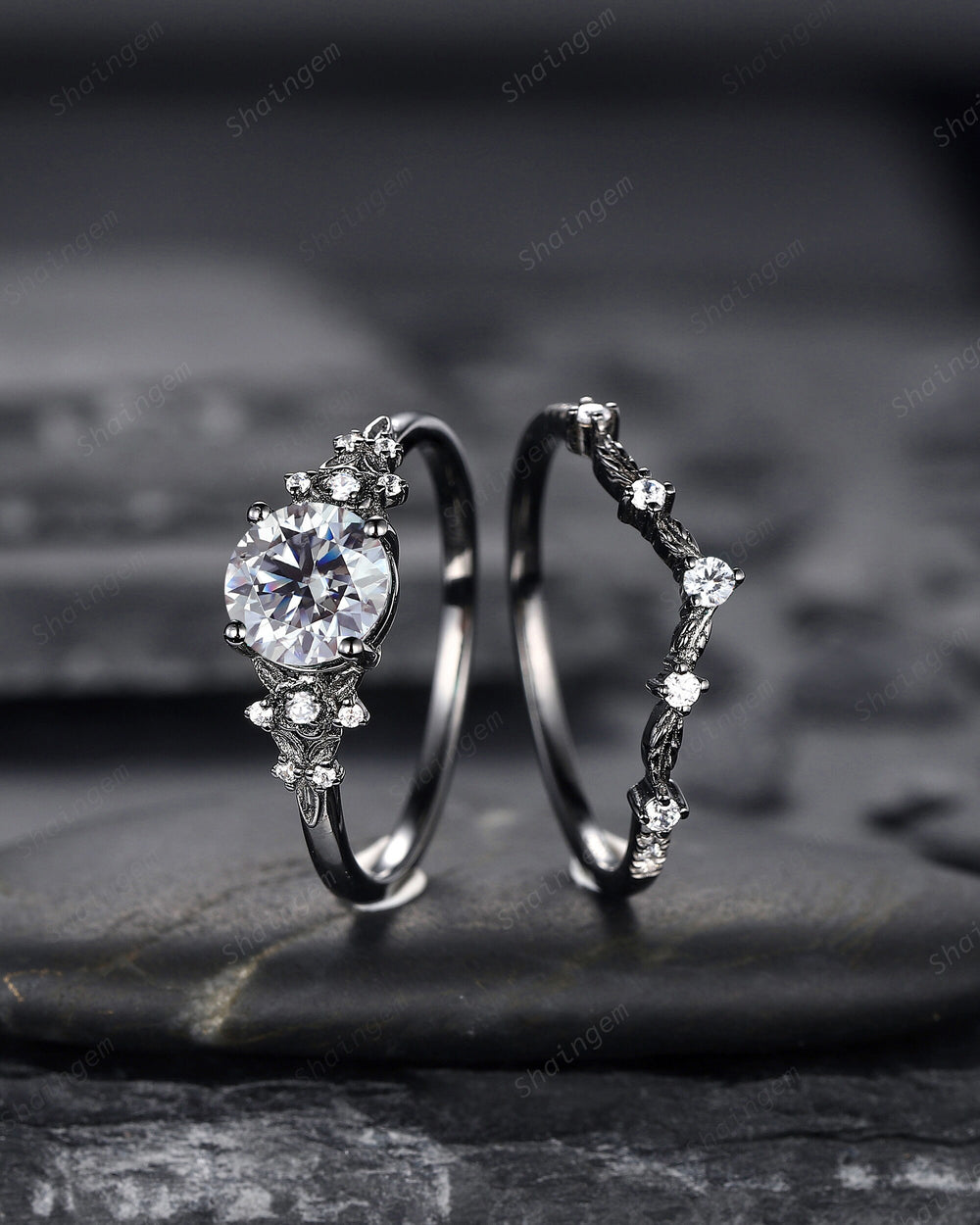 Gothic Black Gray Moissanite Engagement Ring Set, Black Gold Grey Moissaite Promise Ring, Rhodium Black Bridal Set Black Floral Wedding Ring - ShainJewelry