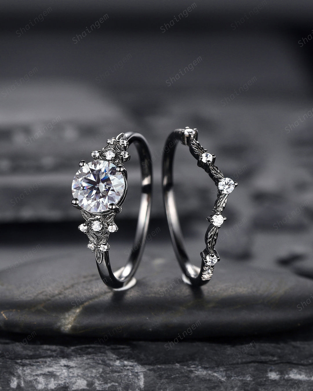 Gothic Black Gray Moissanite Engagement Ring Set, Black Gold Grey Moissaite Promise Ring, Rhodium Black Bridal Set Black Floral Wedding Ring - ShainJewelry