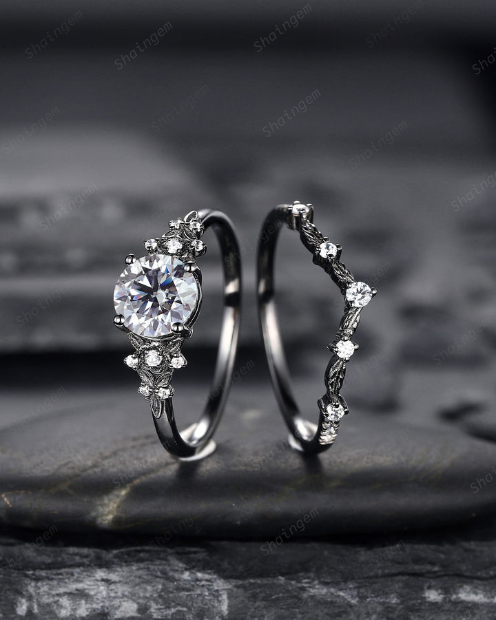 Gothic Black Gray Moissanite Engagement Ring Set, Black Gold Grey Moissaite Promise Ring, Rhodium Black Bridal Set Black Floral Wedding Ring - ShainJewelry