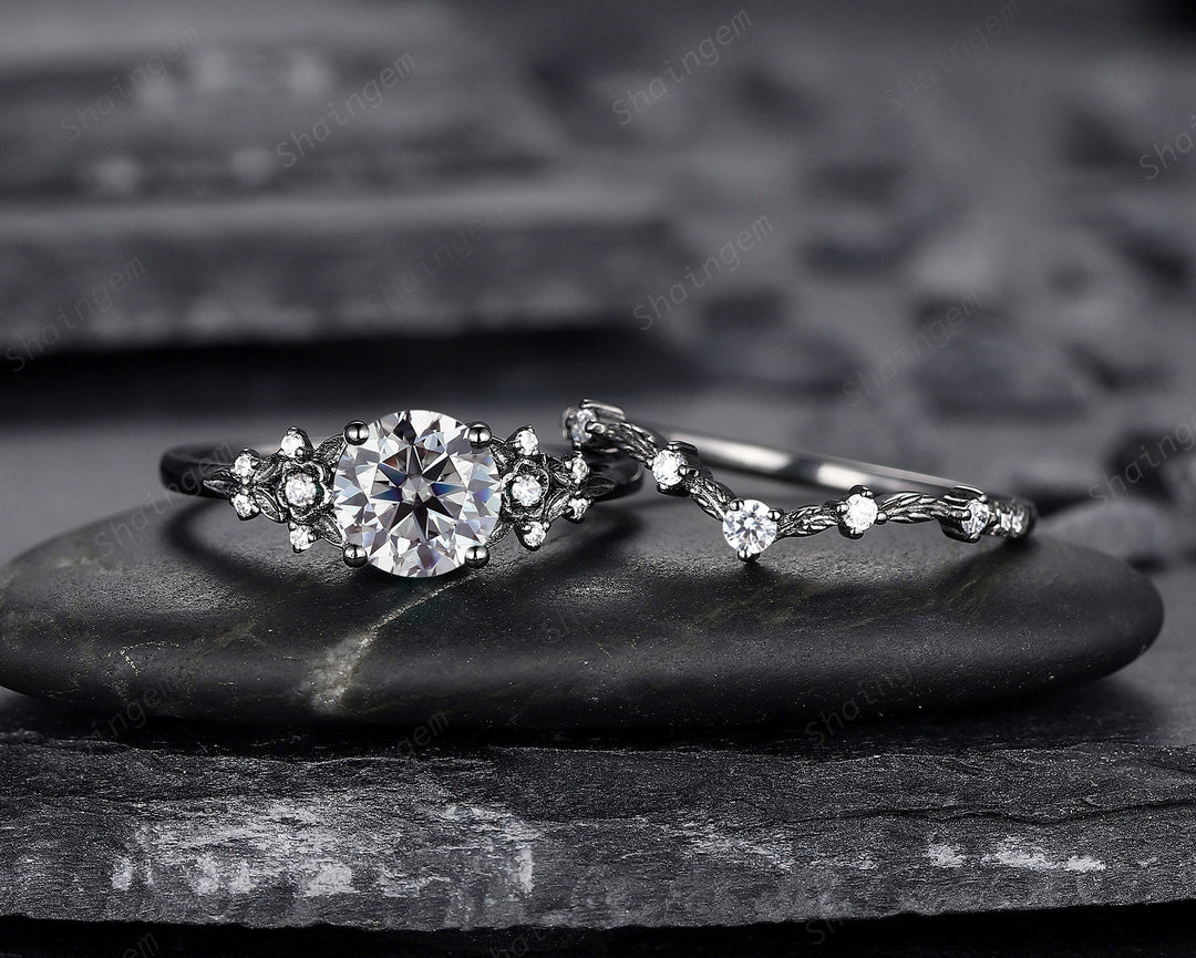 Gothic Black Gray Moissanite Engagement Ring Set, Black Gold Grey Moissaite Promise Ring, Rhodium Black Bridal Set Black Floral Wedding Ring - ShainJewelry