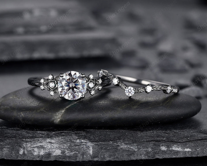 Gothic Black Gray Moissanite Engagement Ring Set, Black Gold Grey Moissaite Promise Ring, Rhodium Black Bridal Set Black Floral Wedding Ring - ShainJewelry