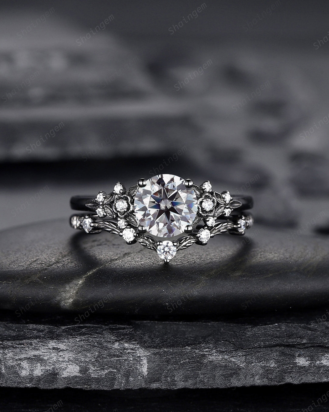 Gothic Black Gray Moissanite Engagement Ring Set, Black Gold Grey Moissaite Promise Ring, Rhodium Black Bridal Set Black Floral Wedding Ring - ShainJewelry
