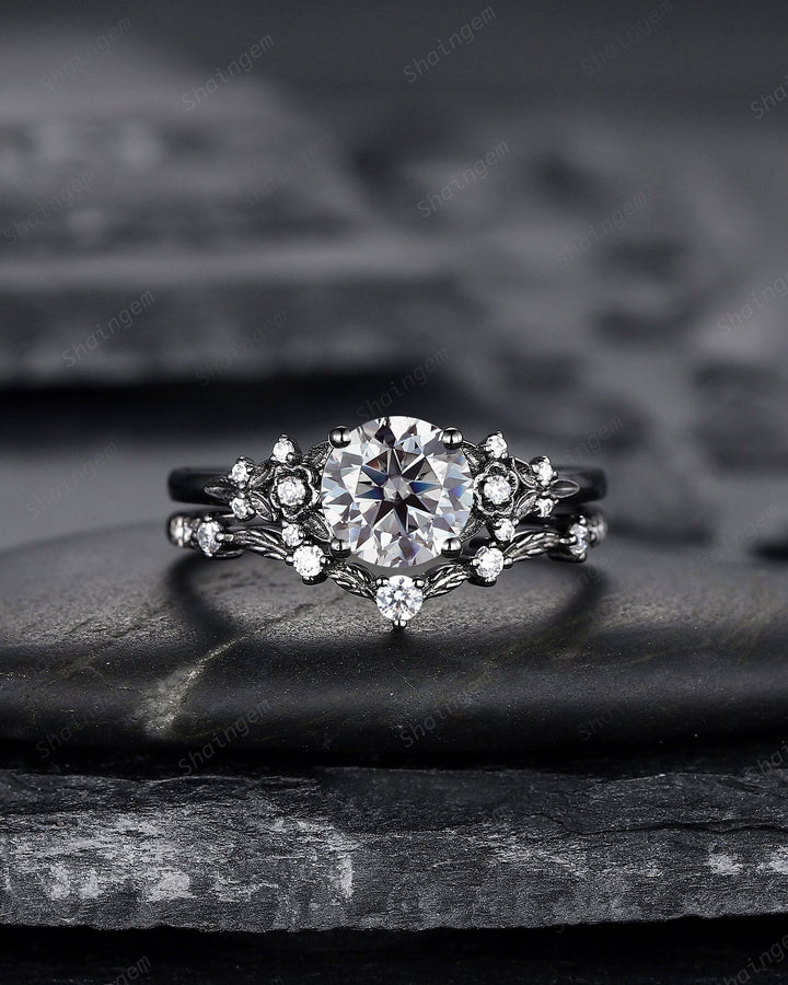 Gothic Black Gray Moissanite Engagement Ring Set, Black Gold Grey Moissaite Promise Ring, Rhodium Black Bridal Set Black Floral Wedding Ring - ShainJewelry