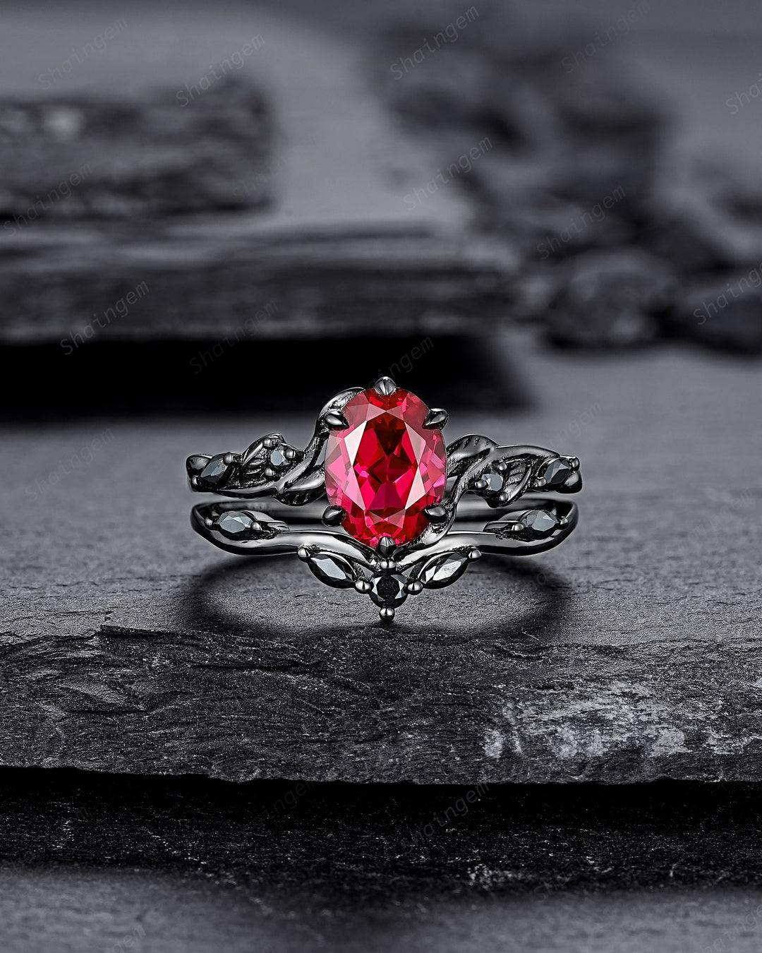 Gothic Oval Shape Ruby Leaf Engagement Ring Set, Black Gold Ruby Promise Ring Set, Nature Inspired Rhodium Black Twig Branch Bridal Set - ShainJewelry