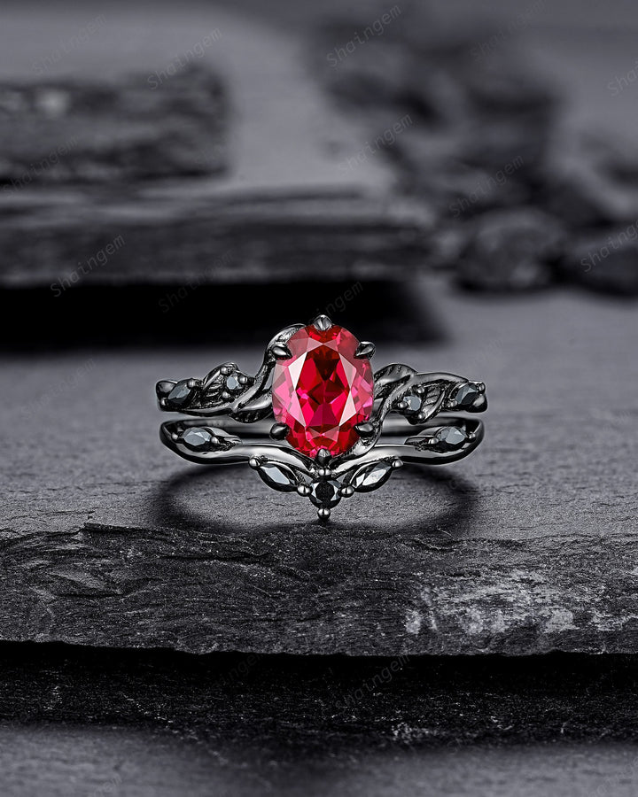 Gothic Oval Shape Ruby Leaf Engagement Ring Set, Black Gold Ruby Promise Ring Set, Nature Inspired Rhodium Black Twig Branch Bridal Set - ShainJewelry