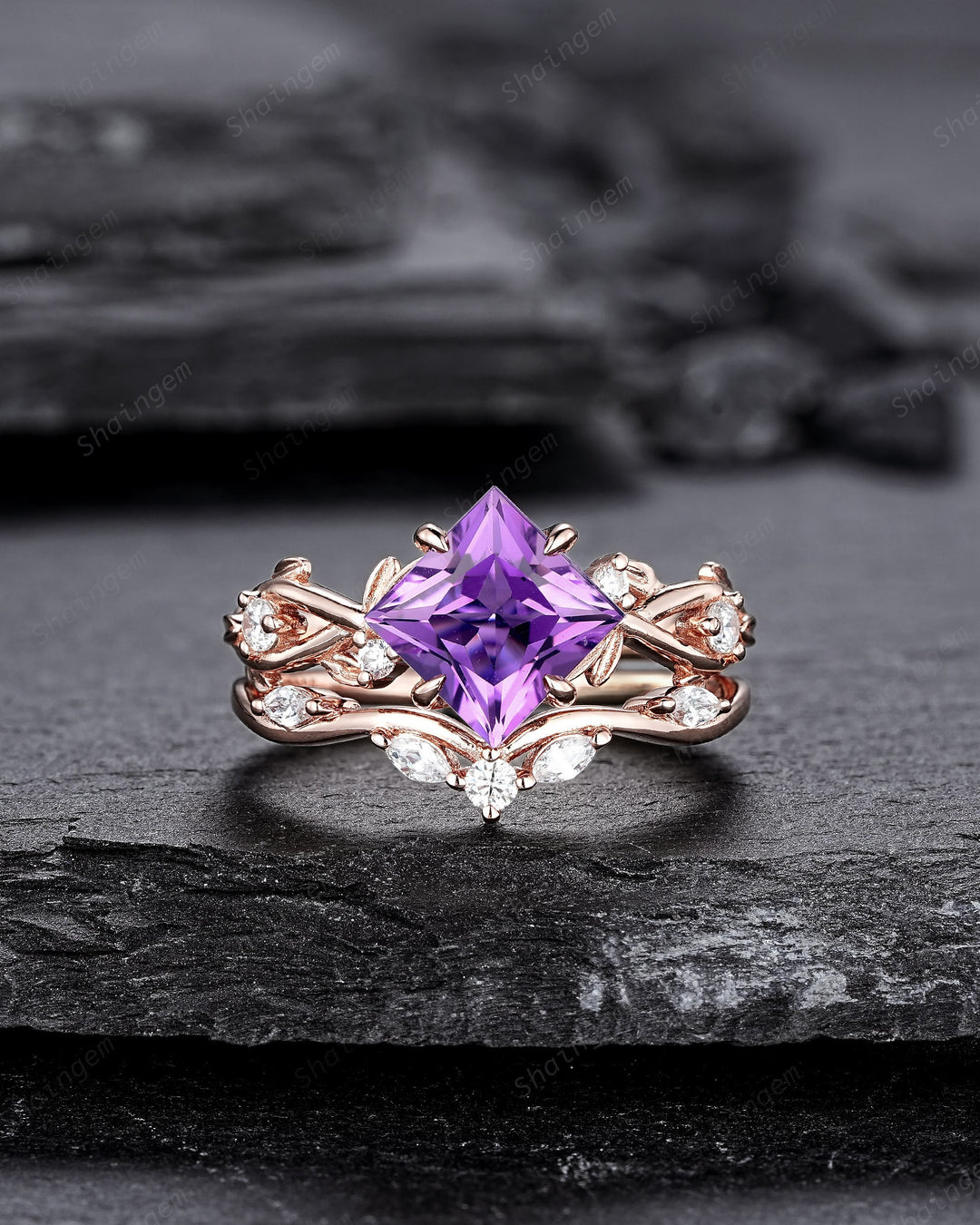 Vintage Princess Cut Amethyst Engagement Ring Set, Unique Rose Gold Twig Branch Wedding Ring, Leaf Bridal Set Promise Ring Anniversary Gift - ShainJewelry