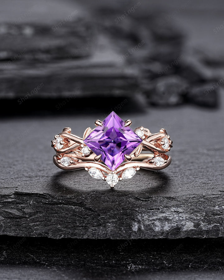 Vintage Princess Cut Amethyst Engagement Ring Set, Unique Rose Gold Twig Branch Wedding Ring, Leaf Bridal Set Promise Ring Anniversary Gift - ShainJewelry
