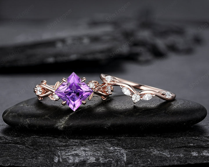 Vintage Princess Cut Amethyst Engagement Ring Set, Unique Rose Gold Twig Branch Wedding Ring, Leaf Bridal Set Promise Ring Anniversary Gift - ShainJewelry