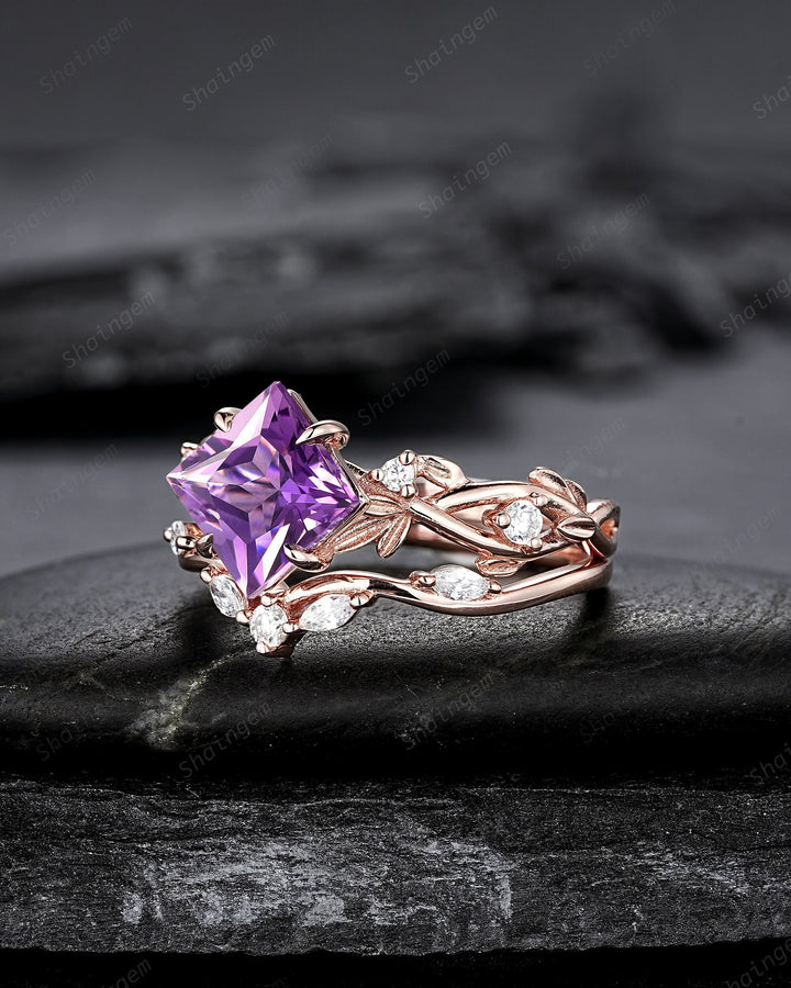 Vintage Princess Cut Amethyst Engagement Ring Set, Unique Rose Gold Twig Branch Wedding Ring, Leaf Bridal Set Promise Ring Anniversary Gift - ShainJewelry